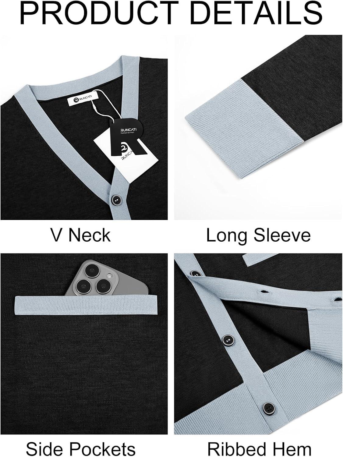 imageRuncati Mens Cardigan Sweater Long Sleeve V Neck Cardigan Casul Button Down Knitted Sweaters with PocketsBlack