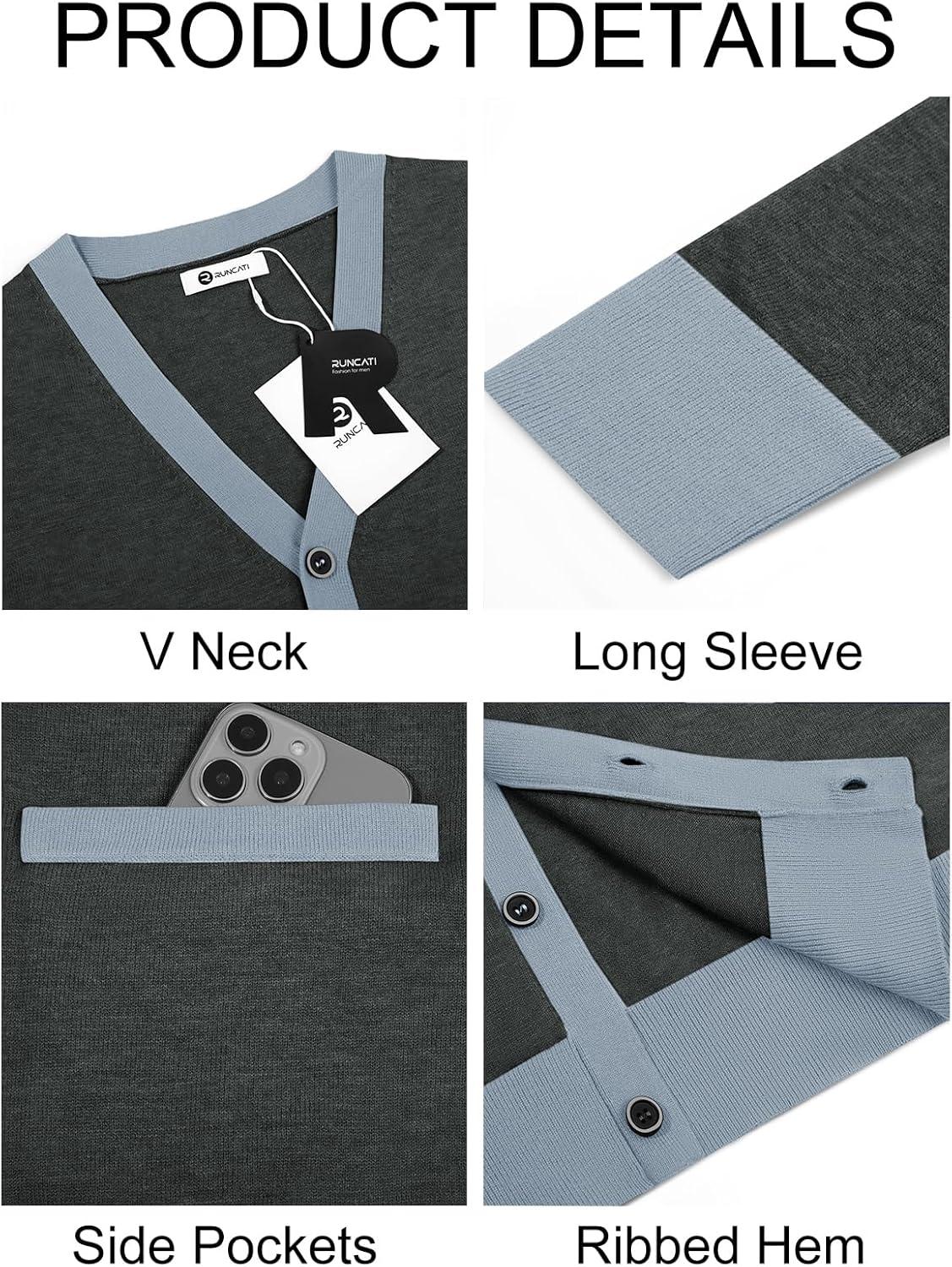 imageRuncati Mens Cardigan Sweater Long Sleeve V Neck Cardigan Casul Button Down Knitted Sweaters with PocketsDark Grey