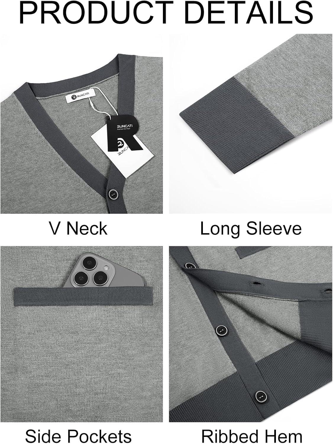 imageRuncati Mens Cardigan Sweater Long Sleeve V Neck Cardigan Casul Button Down Knitted Sweaters with PocketsGrey