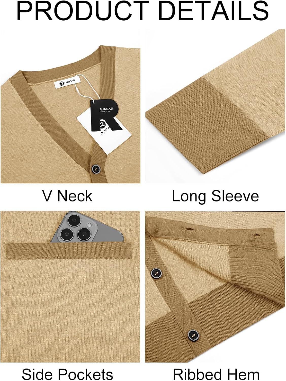 imageRuncati Mens Cardigan Sweater Long Sleeve V Neck Cardigan Casul Button Down Knitted Sweaters with PocketsLight Khaki