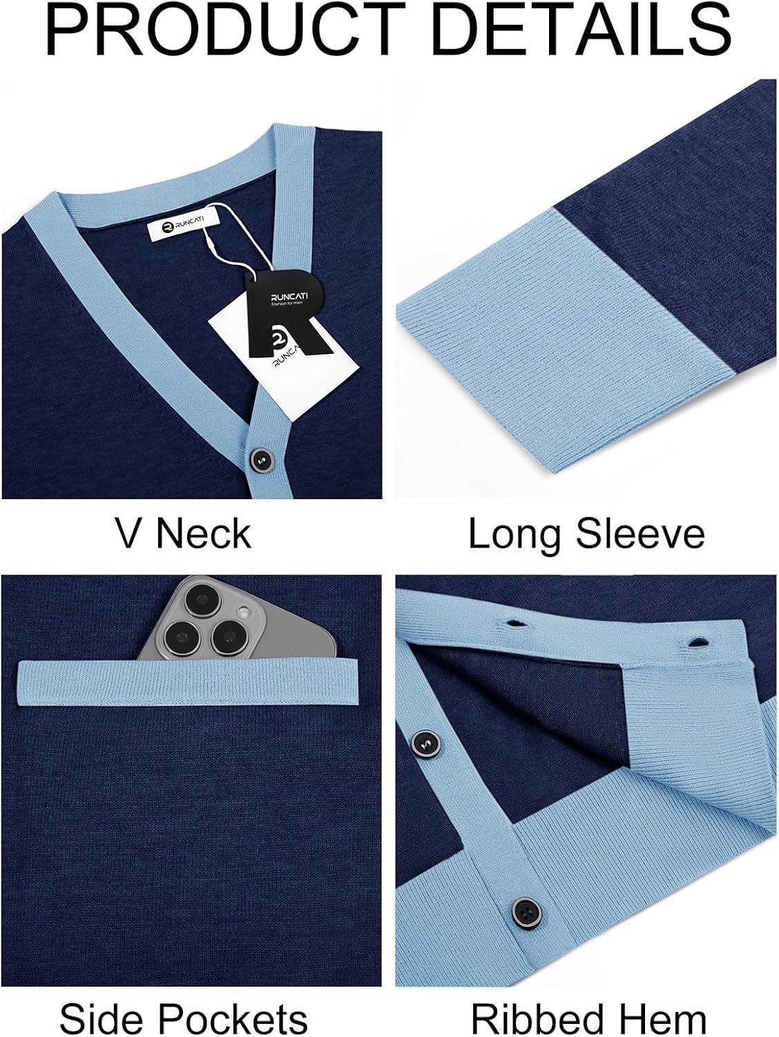 imageRuncati Mens Cardigan Sweater Long Sleeve V Neck Cardigan Casul Button Down Knitted Sweaters with PocketsNavy