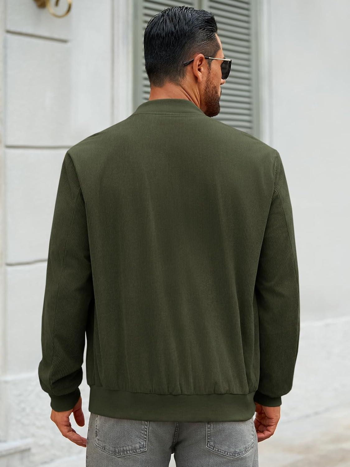 imageRuncati Mens Corduroy Bomber Jacket Lightweight Zip Up Casual Vintage Fall Varsity Jacket with PocketsArmy Green