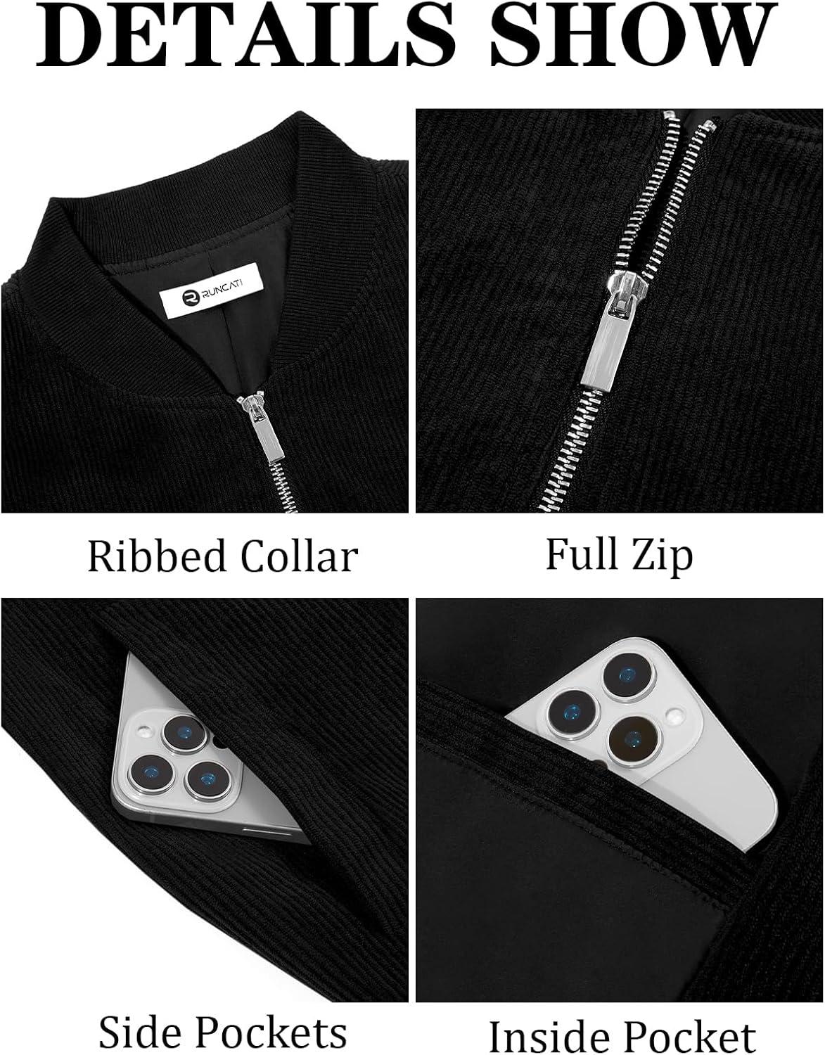 imageRuncati Mens Corduroy Bomber Jacket Lightweight Zip Up Casual Vintage Fall Varsity Jacket with PocketsBlack