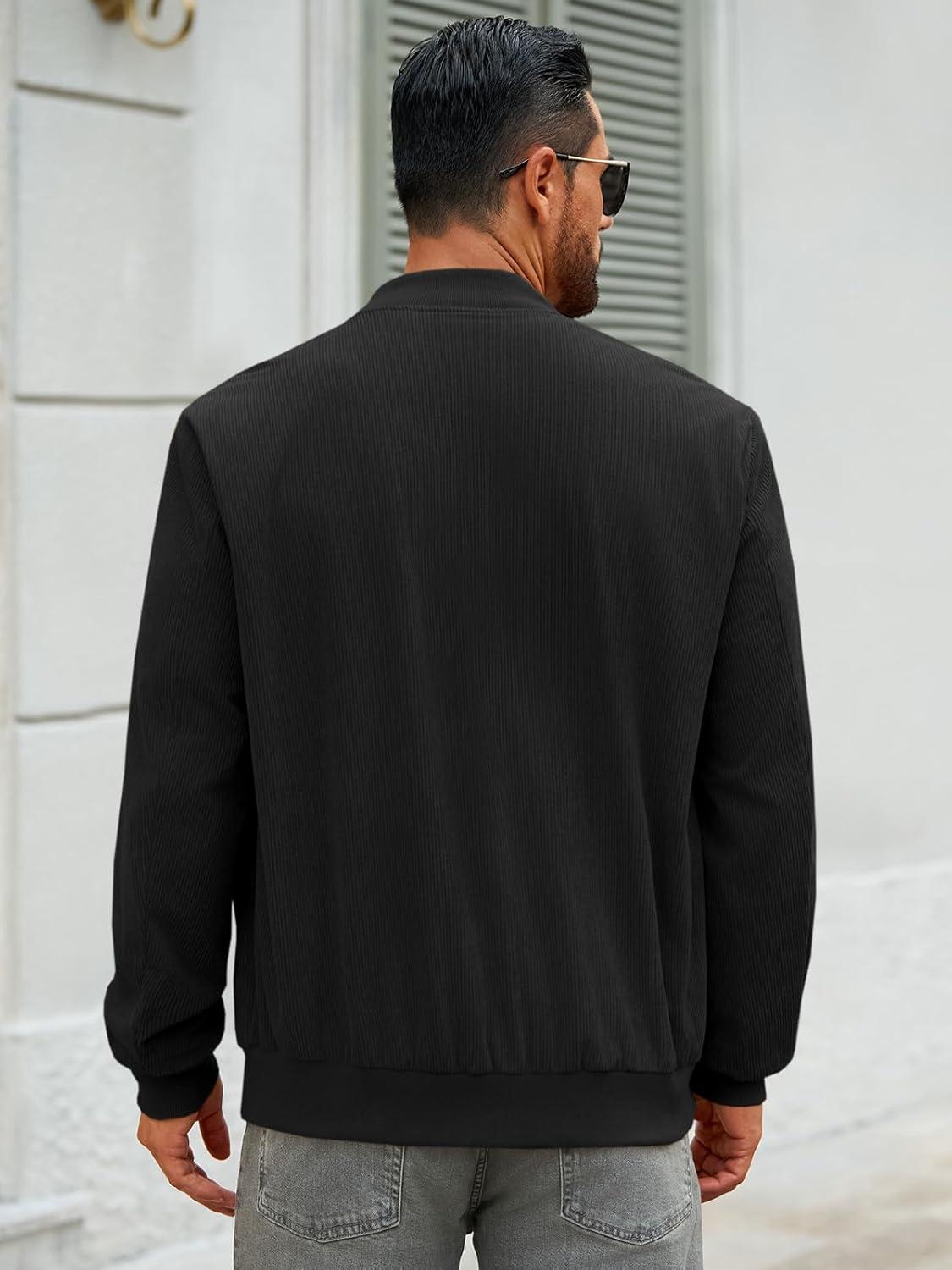 imageRuncati Mens Corduroy Bomber Jacket Lightweight Zip Up Casual Vintage Fall Varsity Jacket with PocketsBlack