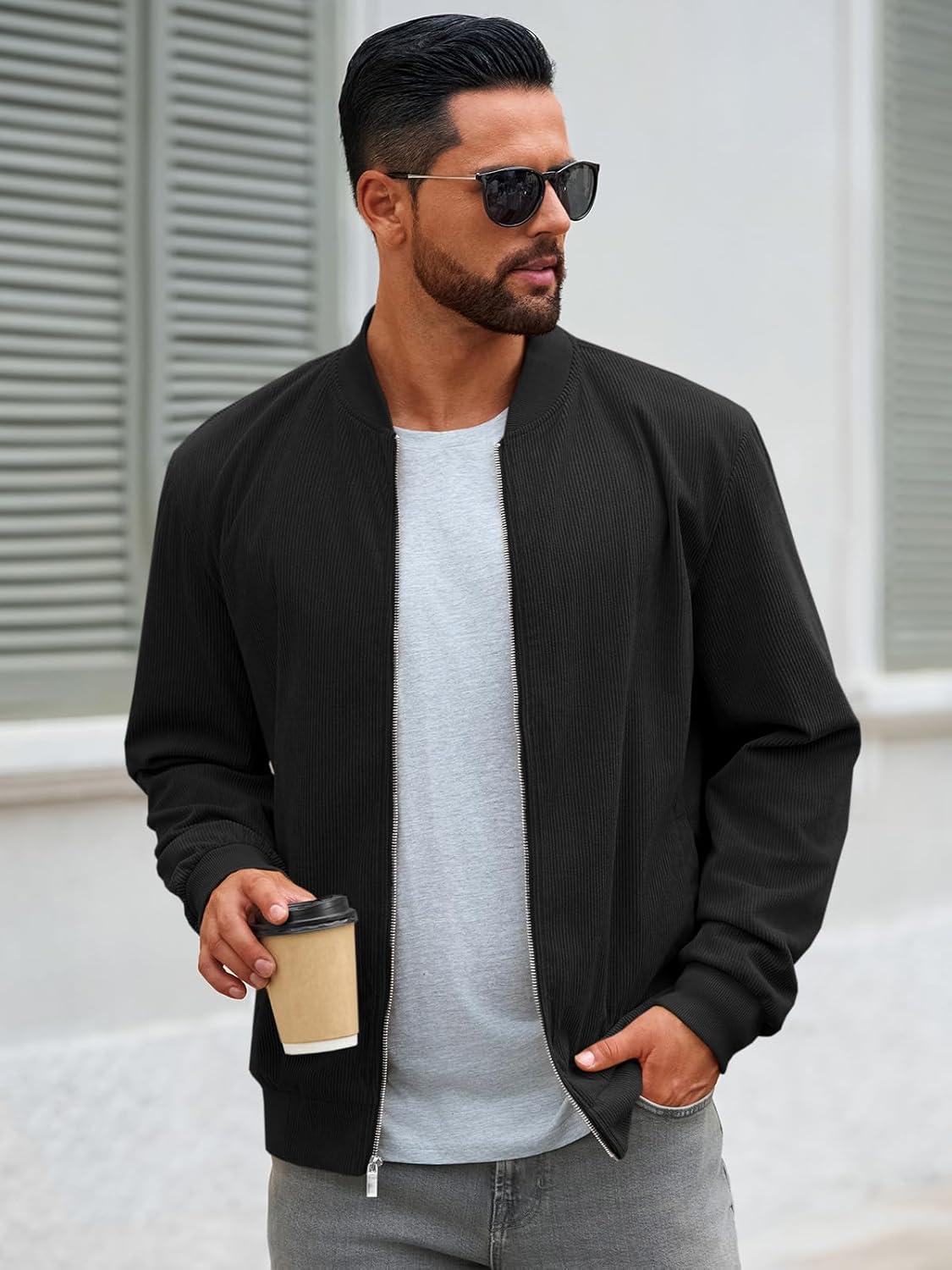 imageRuncati Mens Corduroy Bomber Jacket Lightweight Zip Up Casual Vintage Fall Varsity Jacket with PocketsBlack