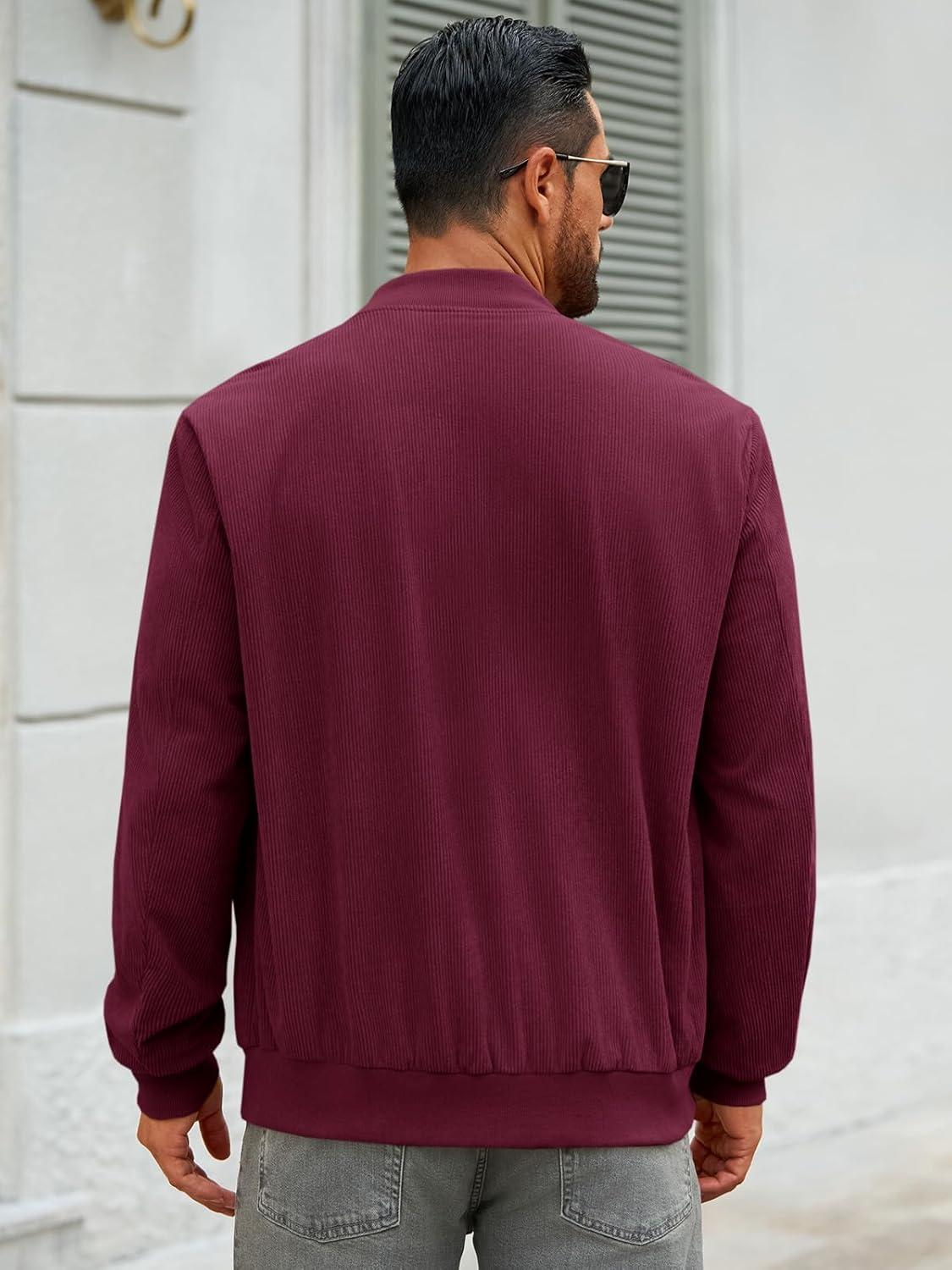 imageRuncati Mens Corduroy Bomber Jacket Lightweight Zip Up Casual Vintage Fall Varsity Jacket with PocketsBurgundy