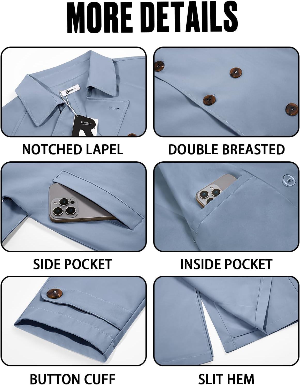 imageRuncati Mens Trench Coat Double Breasted Notched Lapel Casual Belted Windbreaker Fall Classic Long Jacket OvercoatGrey