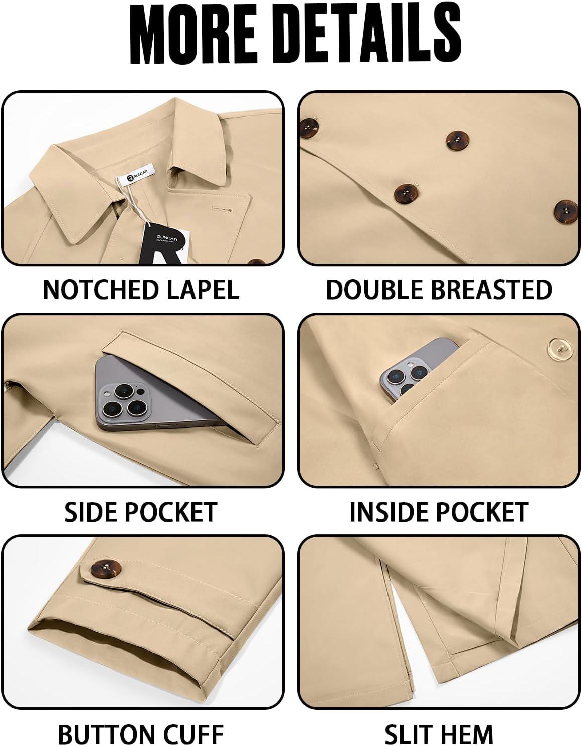 imageRuncati Mens Trench Coat Double Breasted Notched Lapel Casual Belted Windbreaker Fall Classic Long Jacket OvercoatLight Khaki