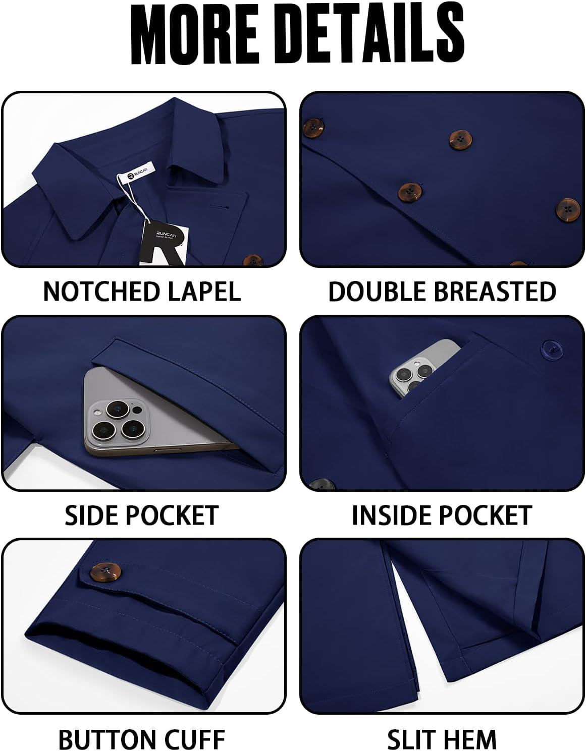 imageRuncati Mens Trench Coat Double Breasted Notched Lapel Casual Belted Windbreaker Fall Classic Long Jacket OvercoatNavy