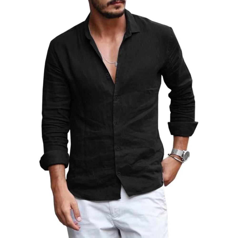 imageMens Button Down Shirt Linen Cotton Shirts Casual Long Sleeve Spread Collar Lightweight Beach Plain Tops01 Black