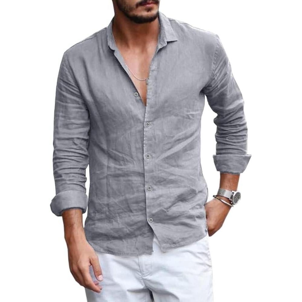 imageMens Button Down Shirt Linen Cotton Shirts Casual Long Sleeve Spread Collar Lightweight Beach Plain Tops01 Gray
