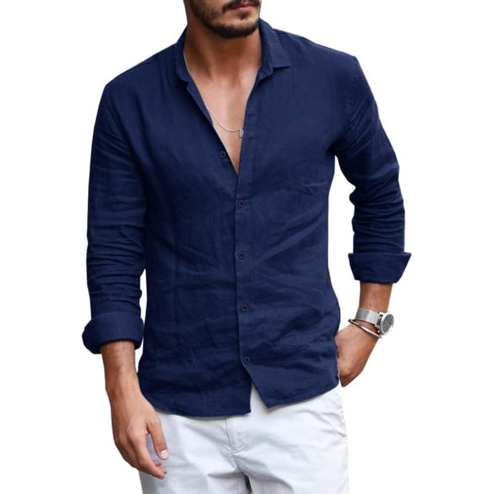 imageMens Button Down Shirt Linen Cotton Shirts Casual Long Sleeve Spread Collar Lightweight Beach Plain Tops01 Navy