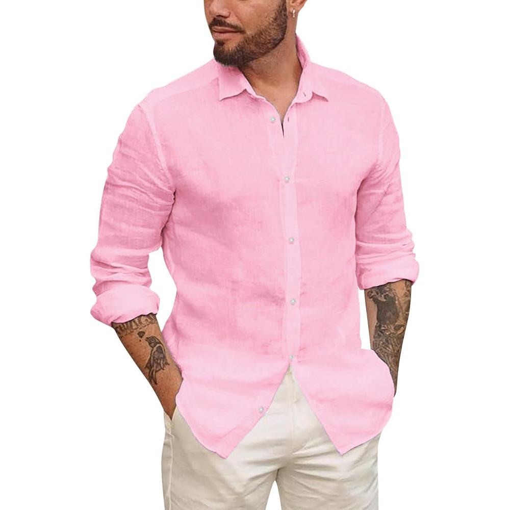 imageMens Button Up Shirts Long Sleeve Linen Beach Casual Cotton Summer Lightweight Tops1 Pink