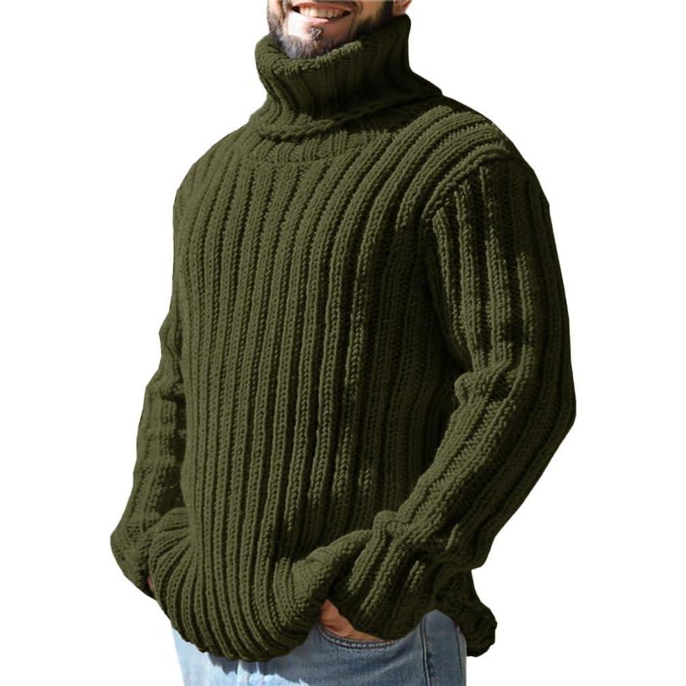 imageMens Sweaters Turtleneck Cable Knitted Pullover Long Sleeve Slim Fit Chunky Casual Fall Winter Warm CardigansArmy Green