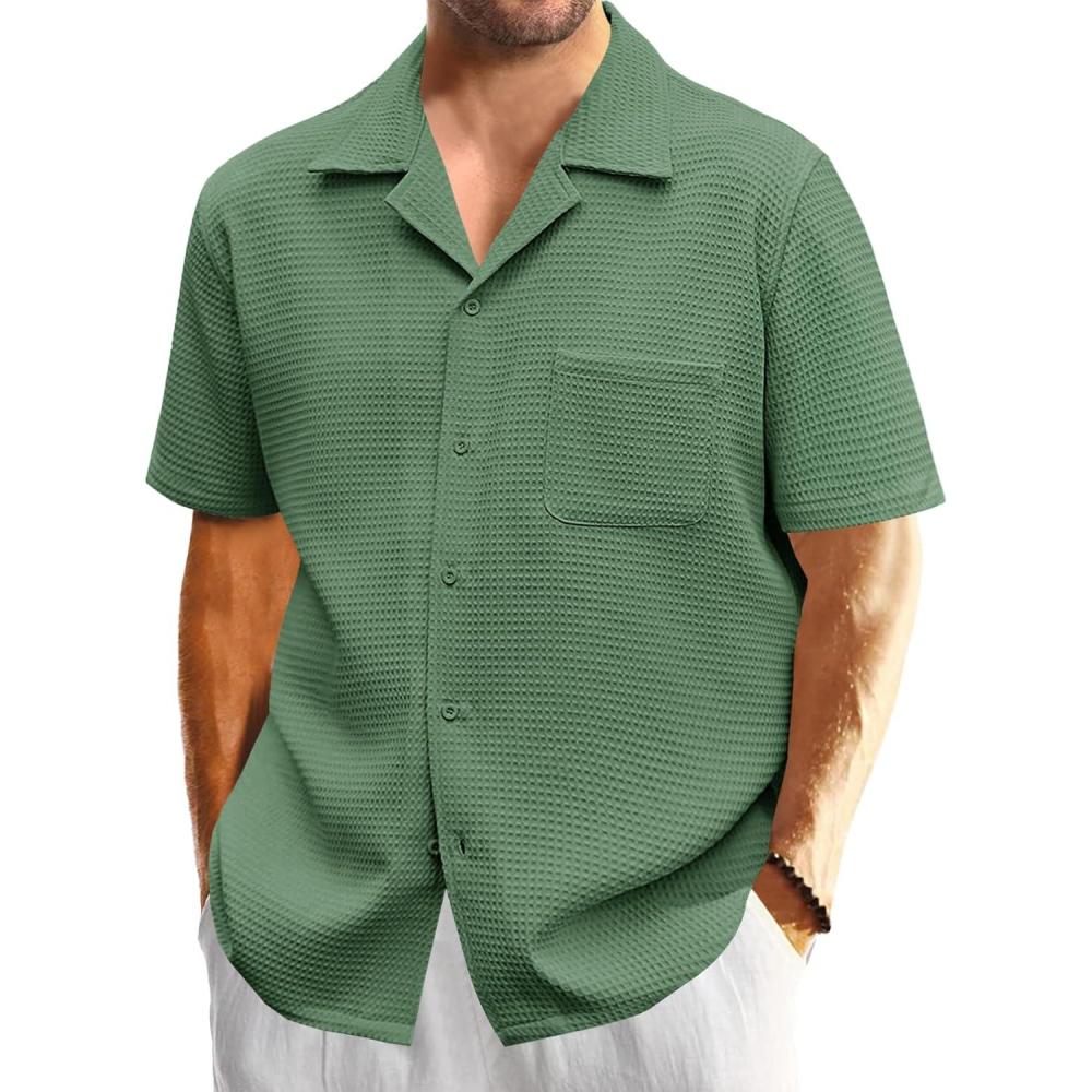 imageMens Waffle Button Down Shirt Short Sleeve Loose Fit Cuban Summer Beach Plain TopsArmy Green