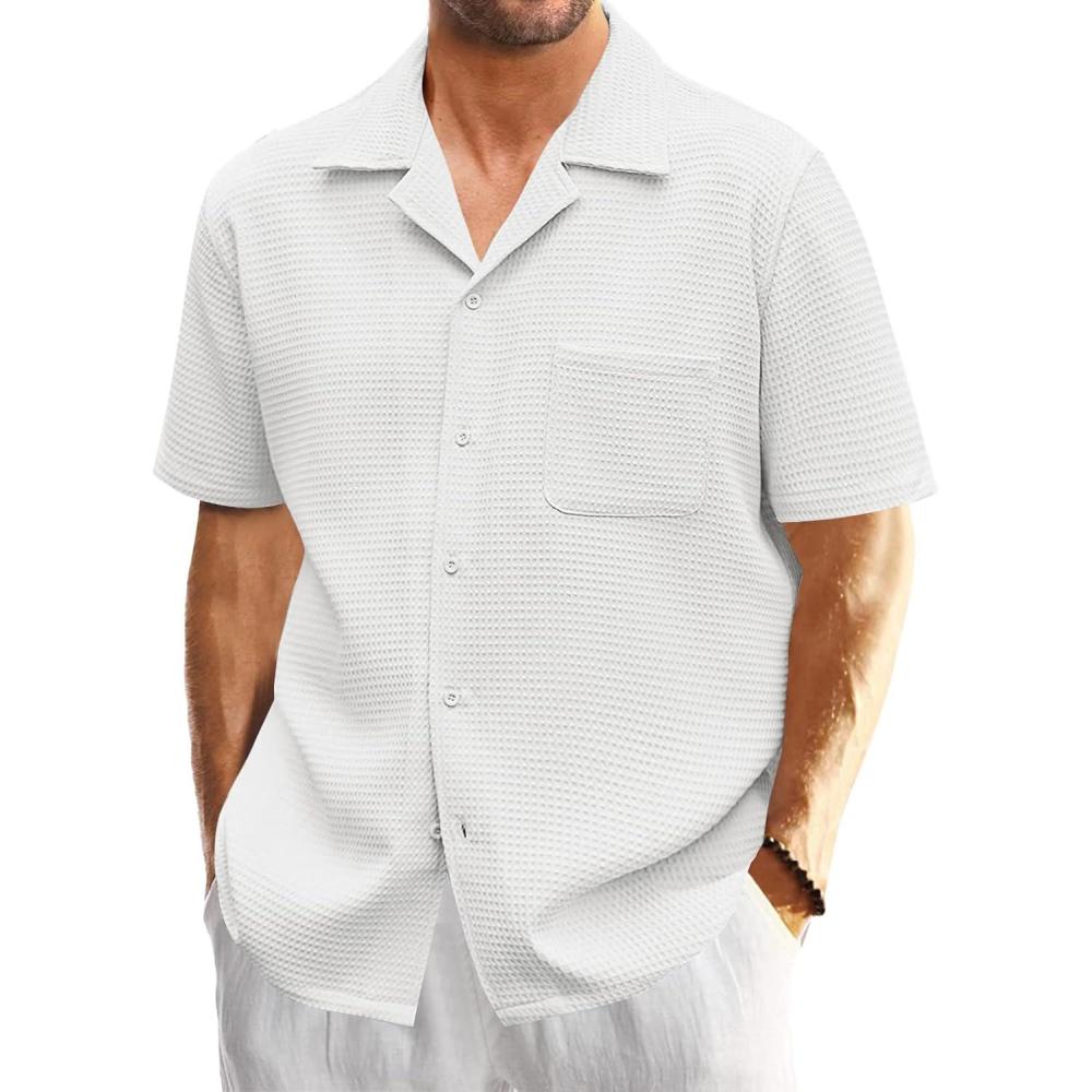 imageMens Waffle Button Down Shirt Short Sleeve Loose Fit Cuban Summer Beach Plain TopsWhite