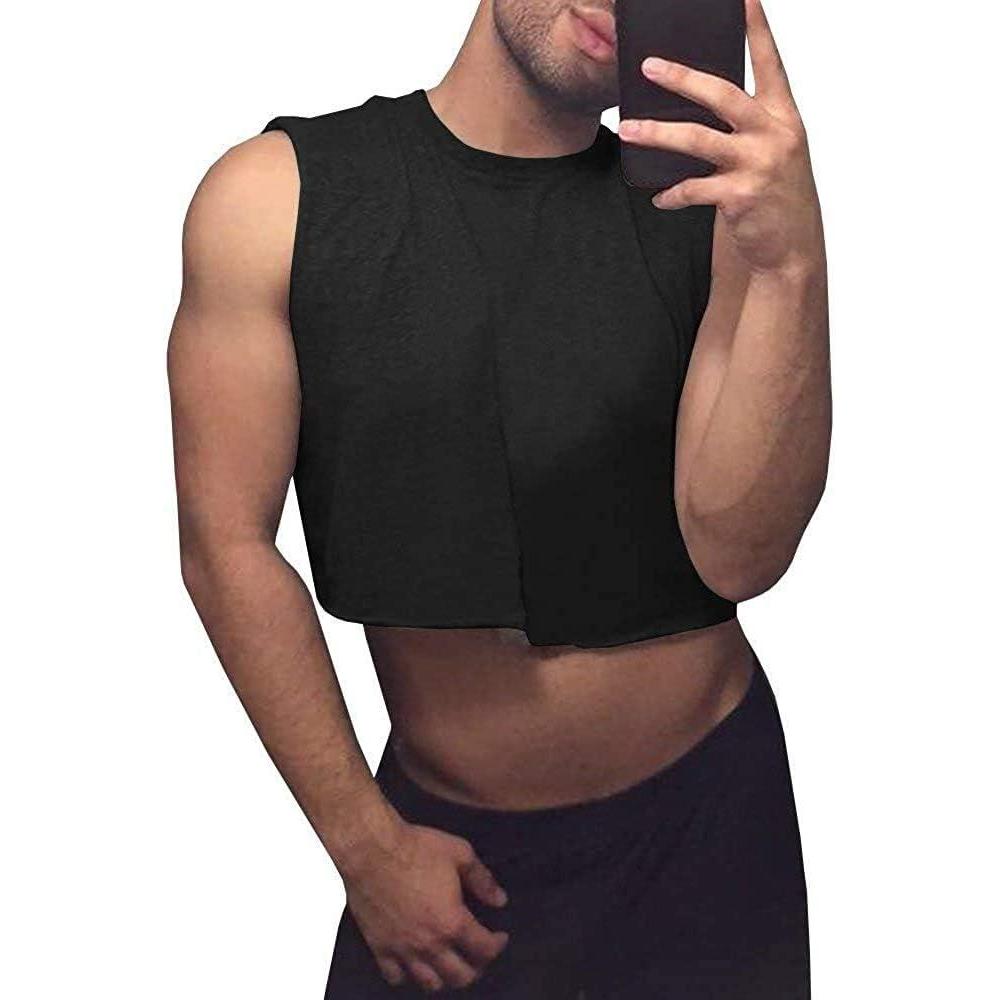 imageMens Workout Cropped Tank Top Plain Vest Lightweight Basic Sleeveless Crop Tops Hot ShirtsBlack
