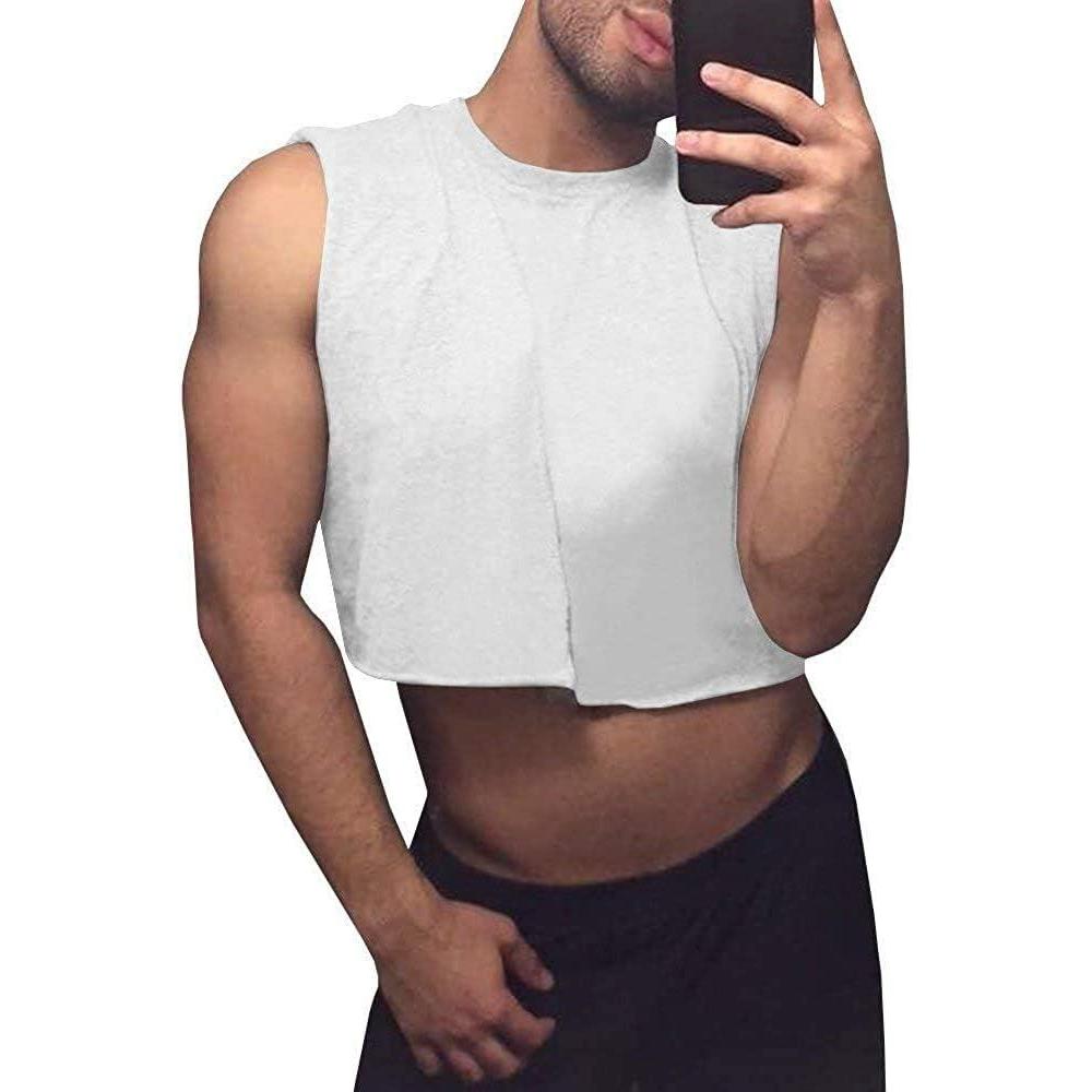 imageMens Workout Cropped Tank Top Plain Vest Lightweight Basic Sleeveless Crop Tops Hot ShirtsWhite