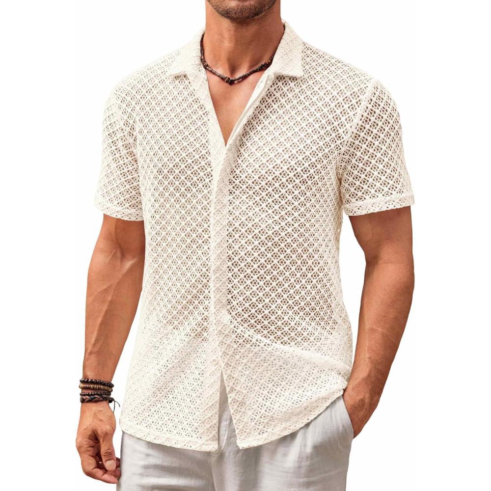 imageRuncati Mens Button Down Knit Shirt Short Sleeve Crochet Shirts Casual Hollow Out Summer Beach Vacation TopsBeige