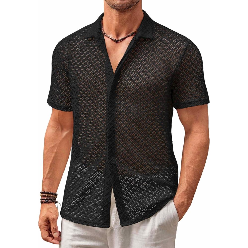 imageRuncati Mens Button Down Knit Shirt Short Sleeve Crochet Shirts Casual Hollow Out Summer Beach Vacation TopsBlack