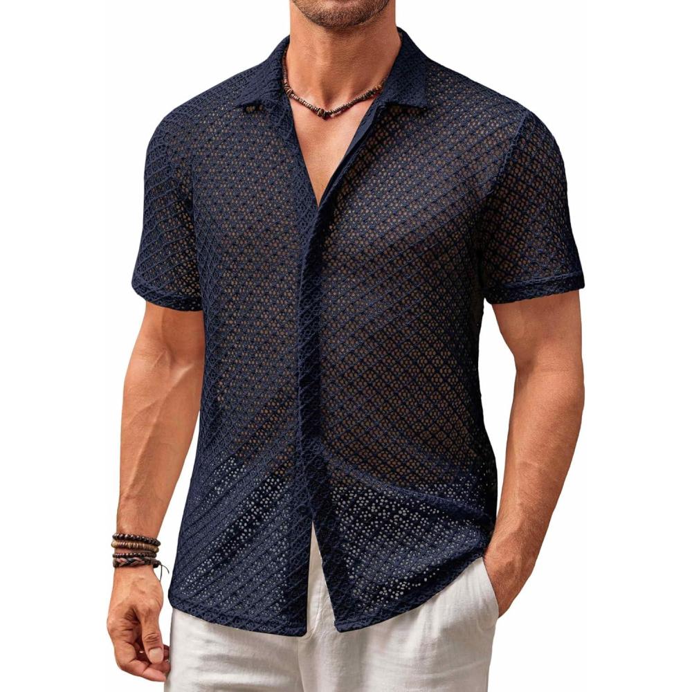 imageRuncati Mens Button Down Knit Shirt Short Sleeve Crochet Shirts Casual Hollow Out Summer Beach Vacation TopsNavy