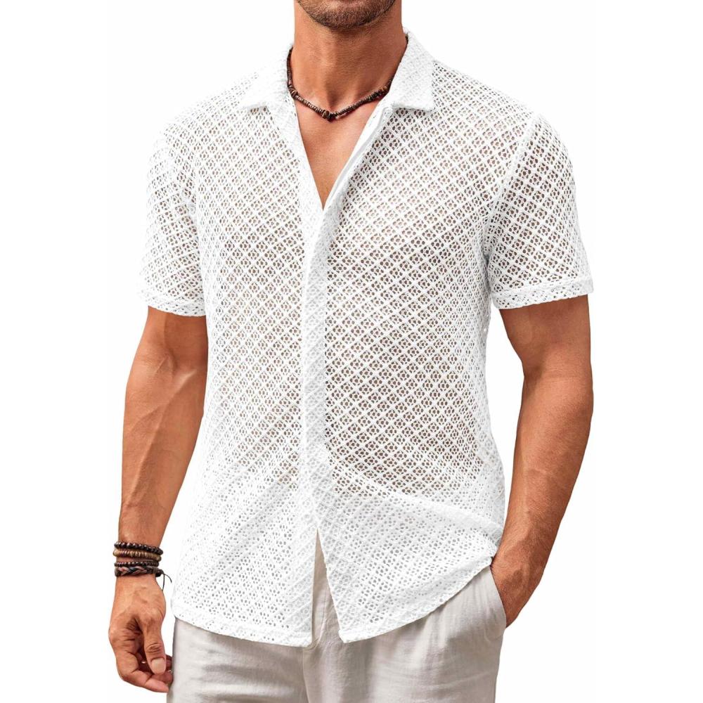 imageRuncati Mens Button Down Knit Shirt Short Sleeve Crochet Shirts Casual Hollow Out Summer Beach Vacation TopsWhite