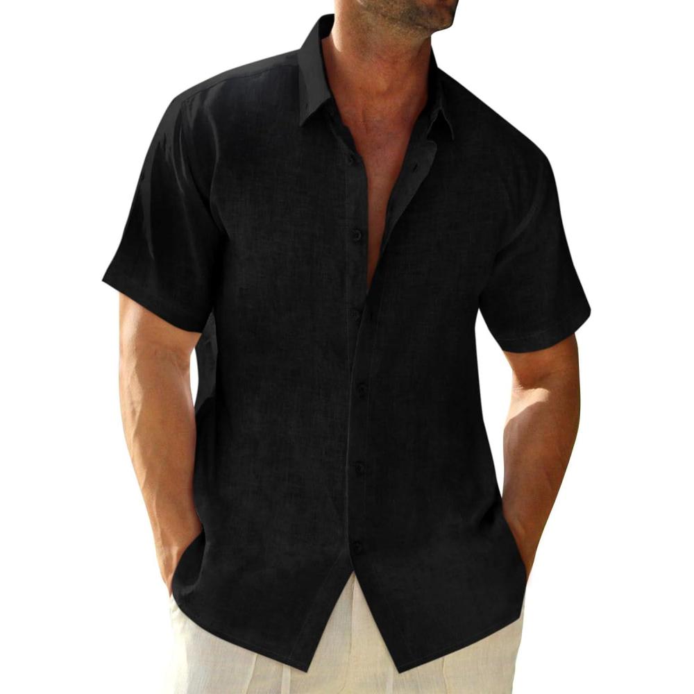 imageRuncati Mens Button Down Linen Shirts Short Sleeve Casual Collared Summer Beach Untucked TopsBlack