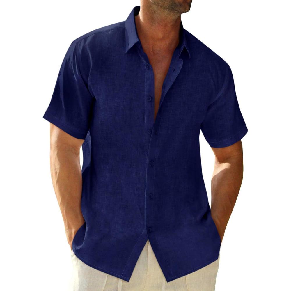 imageRuncati Mens Button Down Linen Shirts Short Sleeve Casual Collared Summer Beach Untucked TopsNavy