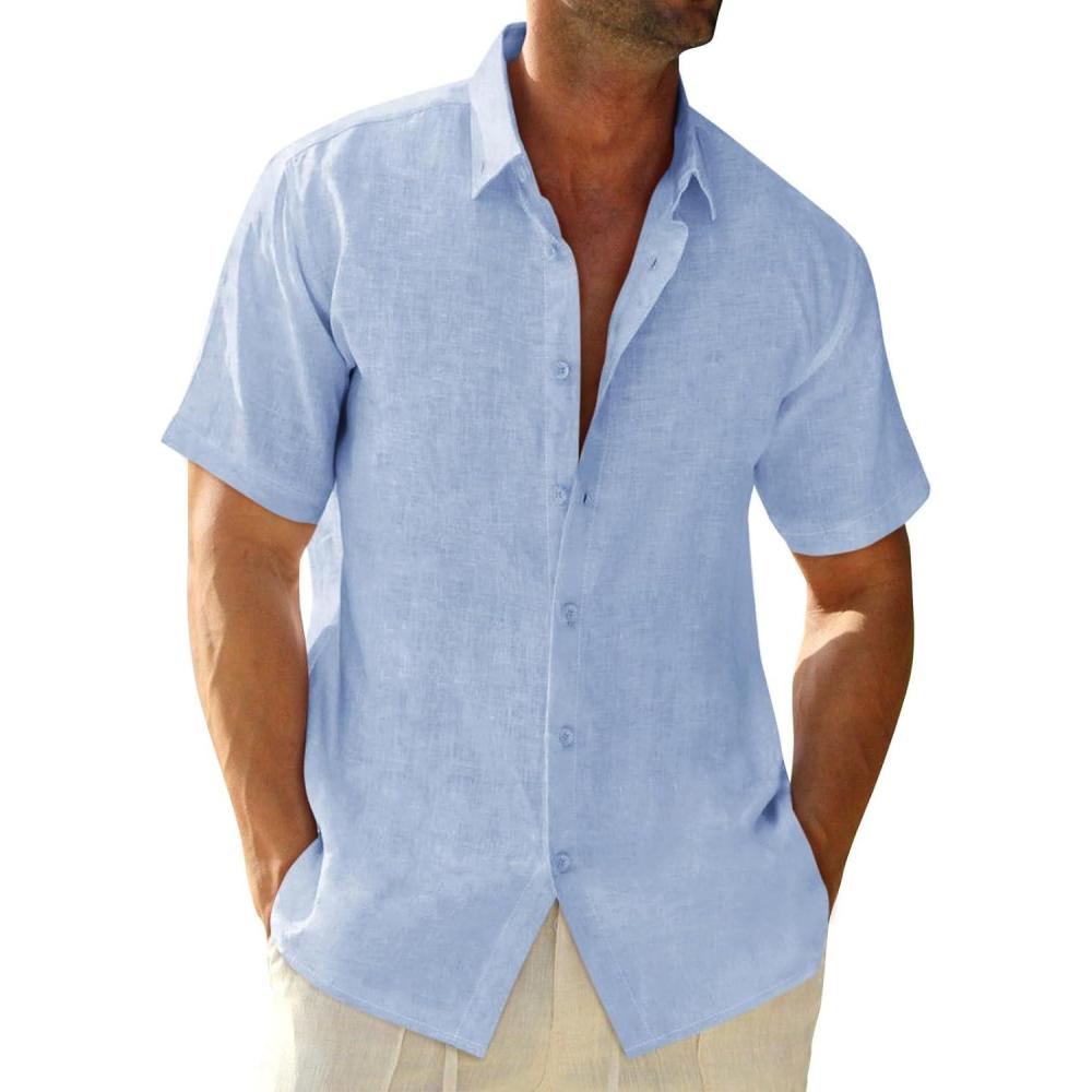 imageRuncati Mens Button Down Linen Shirts Short Sleeve Casual Collared Summer Beach Untucked TopsSky Blue