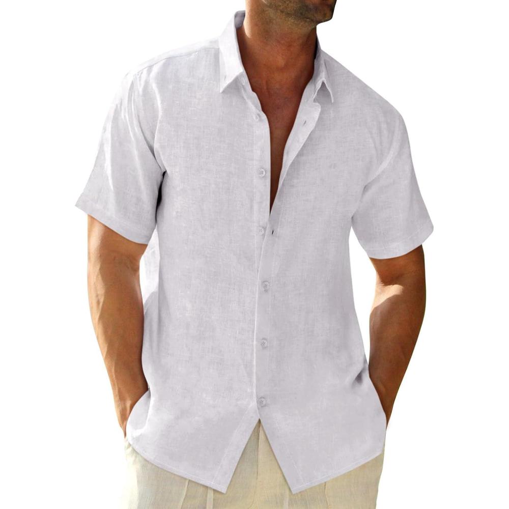 imageRuncati Mens Button Down Linen Shirts Short Sleeve Casual Collared Summer Beach Untucked TopsWhite