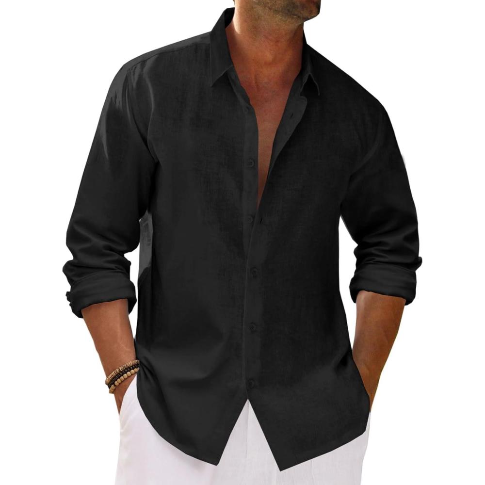 imageRuncati Mens Button Down Shirt Cotton Linen Casual Long Sleeve Shirts Collared Hippie Beach TopsBlack