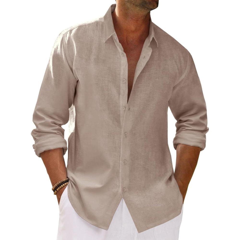 imageRuncati Mens Button Down Shirt Cotton Linen Casual Long Sleeve Shirts Collared Hippie Beach TopsKhaki