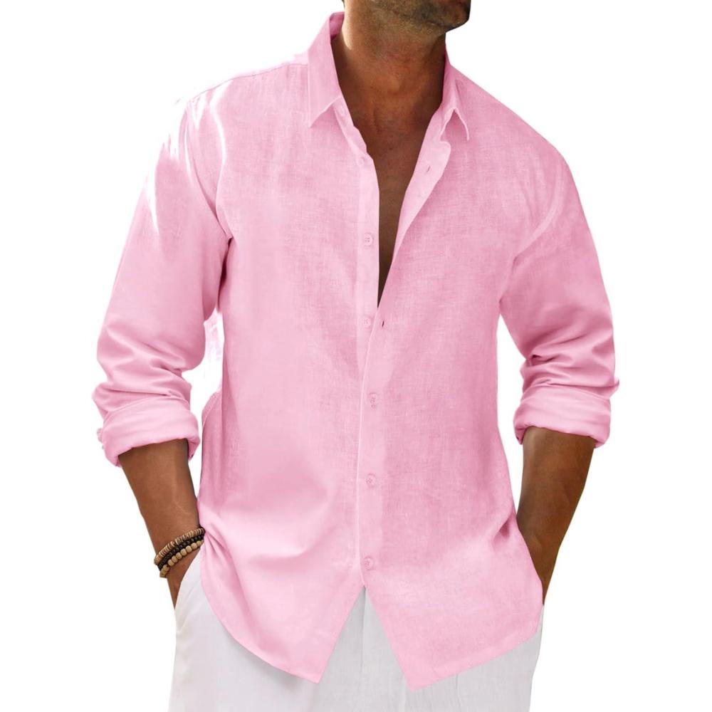 imageRuncati Mens Button Down Shirt Cotton Linen Casual Long Sleeve Shirts Collared Hippie Beach TopsPink