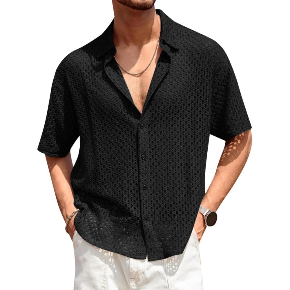 imageRuncati Mens Button Down Shirt Knit Crochet Hollow Out Short Sleeve Sweater Casual Summer TopsBlack