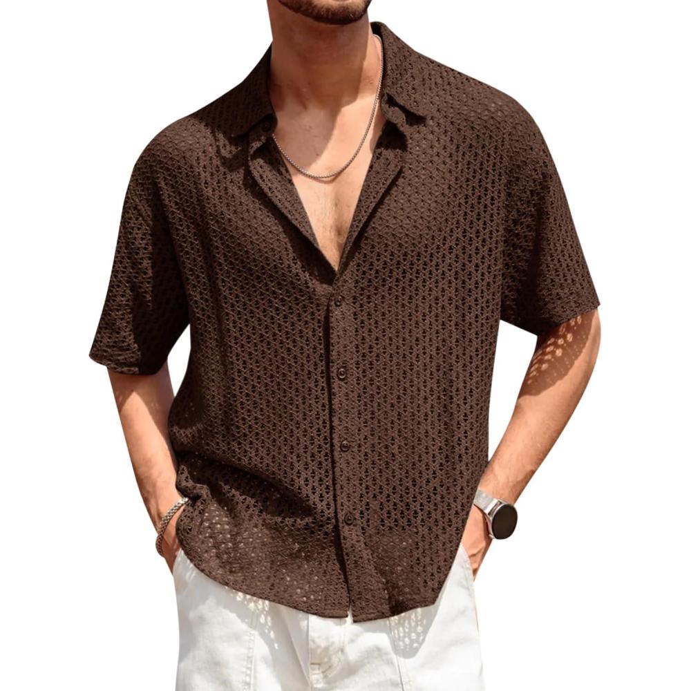 imageRuncati Mens Button Down Shirt Knit Crochet Hollow Out Short Sleeve Sweater Casual Summer TopsCoffee