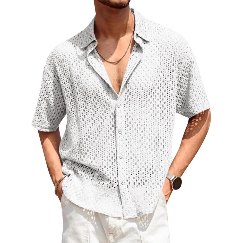 imageRuncati Mens Button Down Shirt Knit Crochet Hollow Out Short Sleeve Sweater Casual Summer TopsWhite