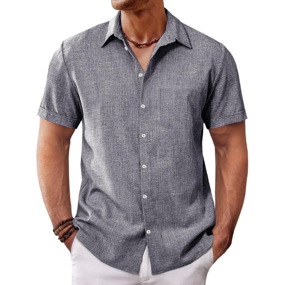 imageRuncati Mens Button Down Shirt Short Sleeve Casual Summer Beach Wedding TopsDark Gray
