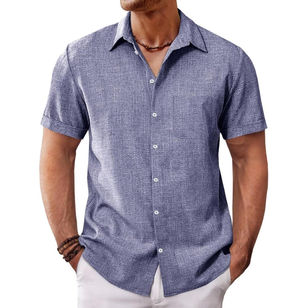 imageRuncati Mens Button Down Shirt Short Sleeve Casual Summer Beach Wedding TopsJeans Blue