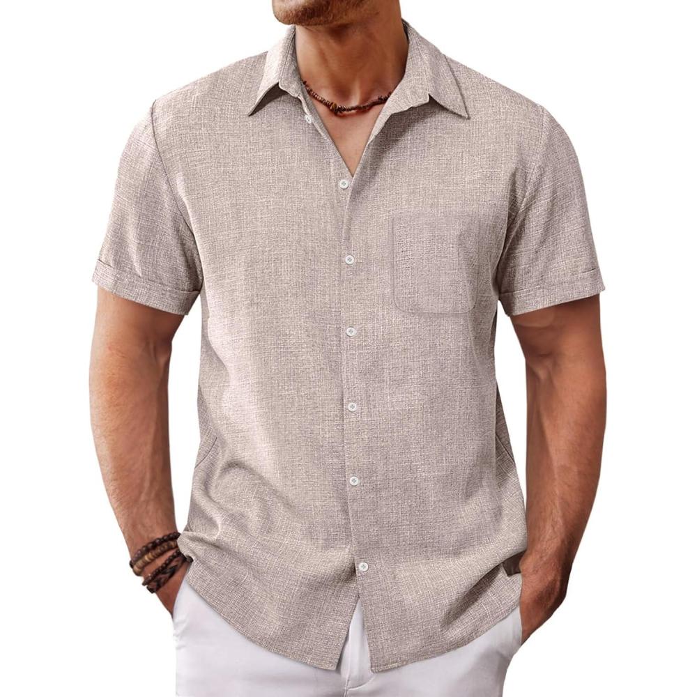 imageRuncati Mens Button Down Shirt Short Sleeve Casual Summer Beach Wedding TopsKhaki