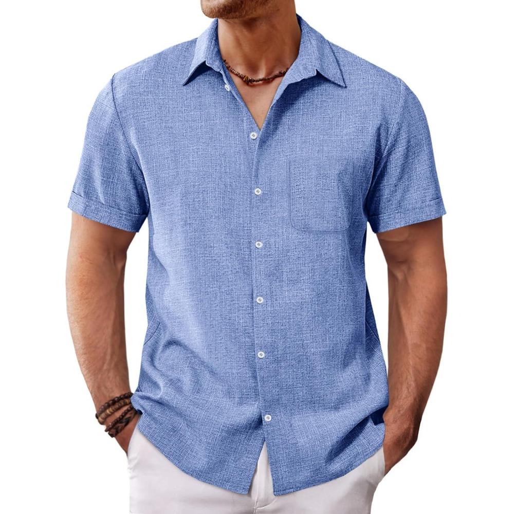 imageRuncati Mens Button Down Shirt Short Sleeve Casual Summer Beach Wedding TopsLight Blue