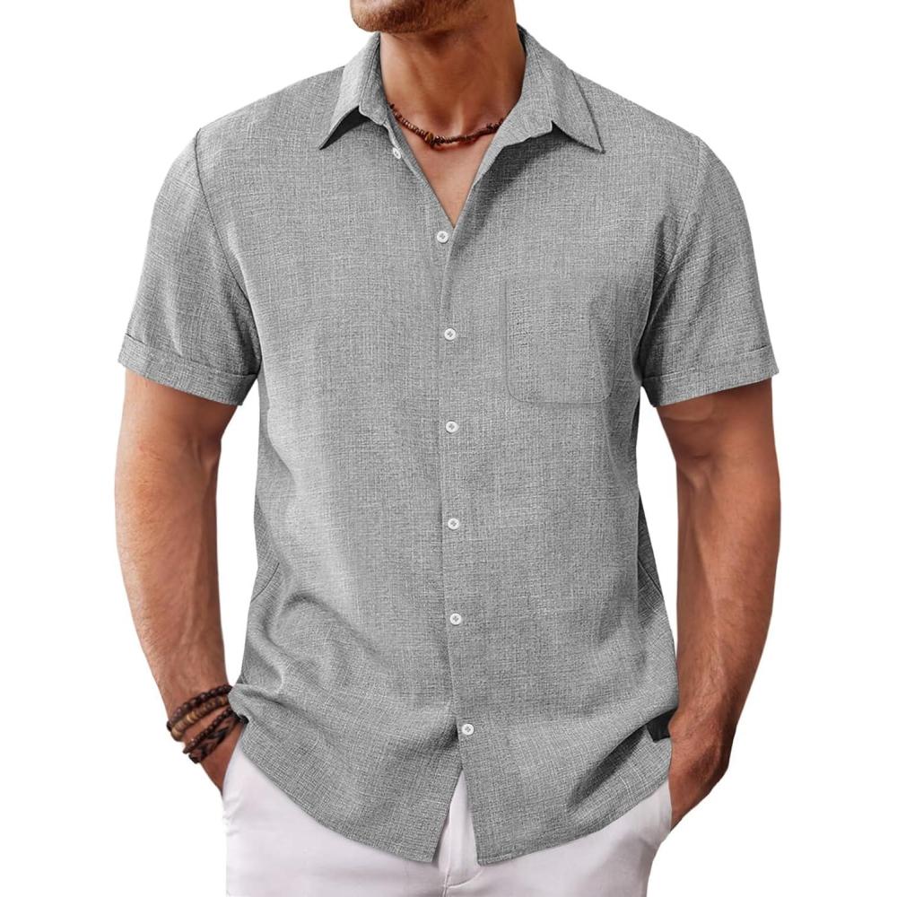 imageRuncati Mens Button Down Shirt Short Sleeve Casual Summer Beach Wedding TopsLight Gray