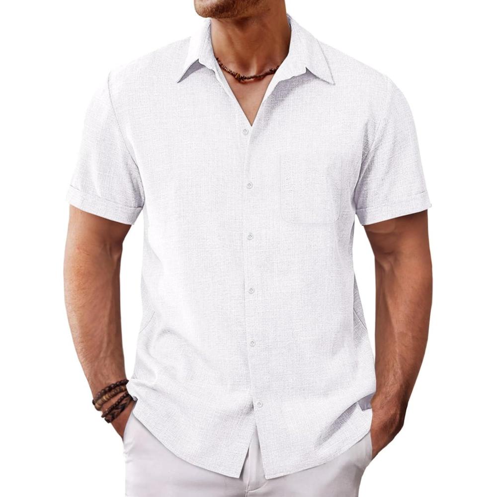 imageRuncati Mens Button Down Shirt Short Sleeve Casual Summer Beach Wedding TopsWhite