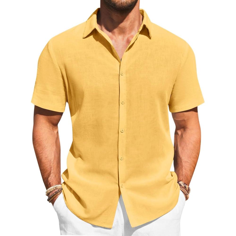 imageRuncati Mens Button Down Shirts Casual Short Sleeve Beach Shirt Summer Cotton Linen Lightweight Hippie Tops