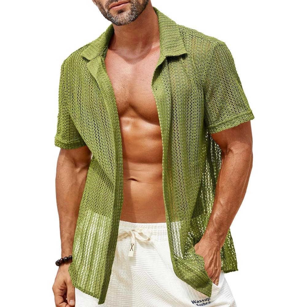 imageRuncati Mens Button Down Shirts Short Sleeve Hollow Out Knit Shirt Cuban Collar Casual Crochet Beach Summer TopsArmy Green