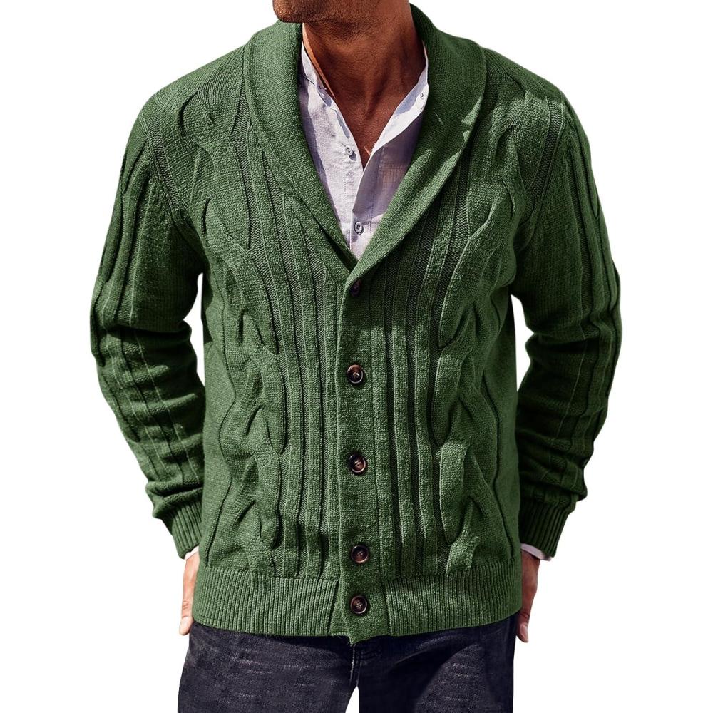 imageRuncati Mens Cable Knit Cardigan Sweater Shawl Collar Casual Button Down Long Sleeve SweatersArmy Green