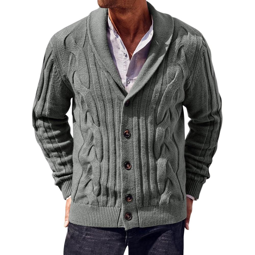 imageRuncati Mens Cable Knit Cardigan Sweater Shawl Collar Casual Button Down Long Sleeve SweatersGrey