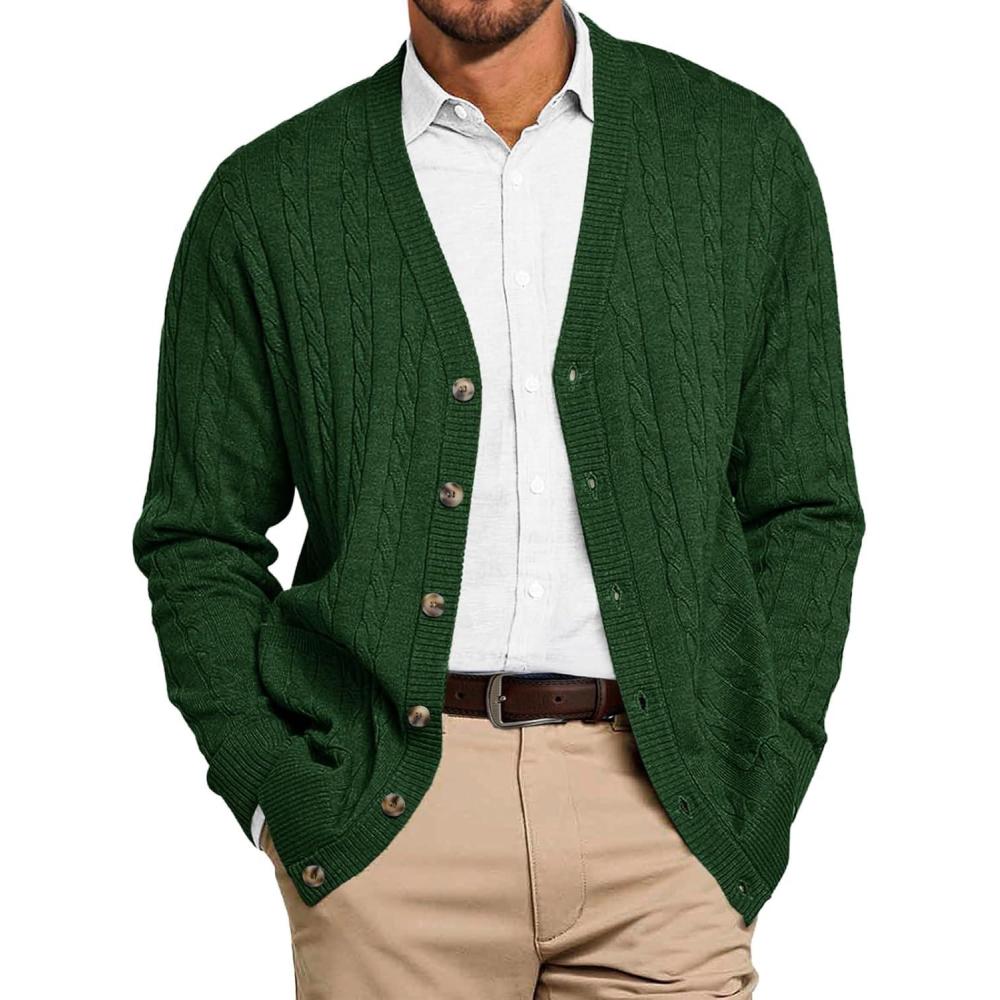 imageRuncati Mens Cable Knit Cardigan Sweater V Neck Casual Button Down Sweaters Long Sleeve Fall Outwear with PocketsArmy Green