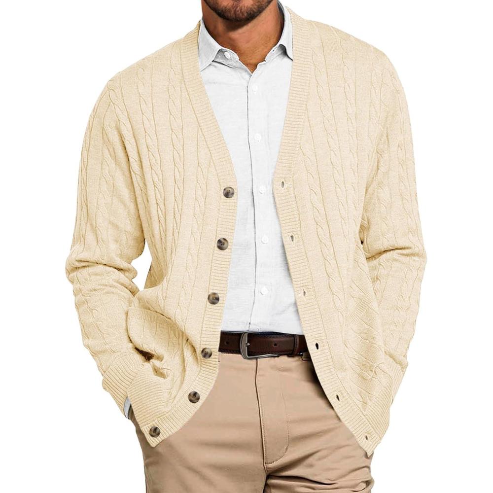 imageRuncati Mens Cable Knit Cardigan Sweater V Neck Casual Button Down Sweaters Long Sleeve Fall Outwear with PocketsBeige