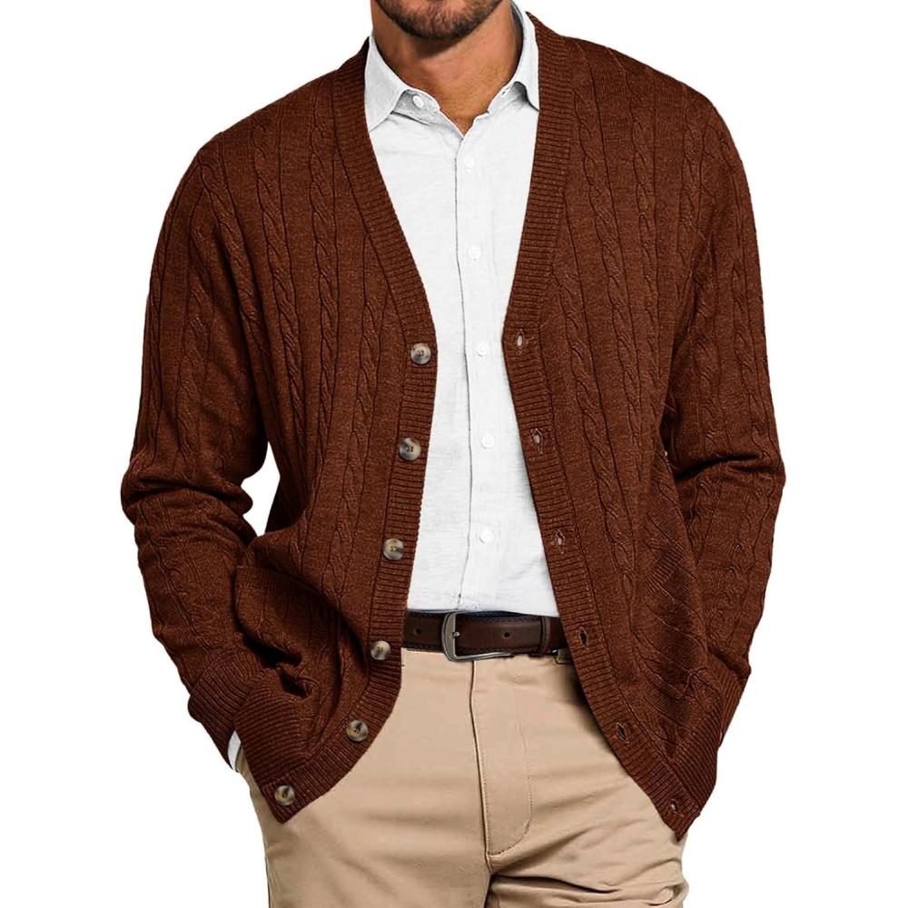 imageRuncati Mens Cable Knit Cardigan Sweater V Neck Casual Button Down Sweaters Long Sleeve Fall Outwear with PocketsBrown
