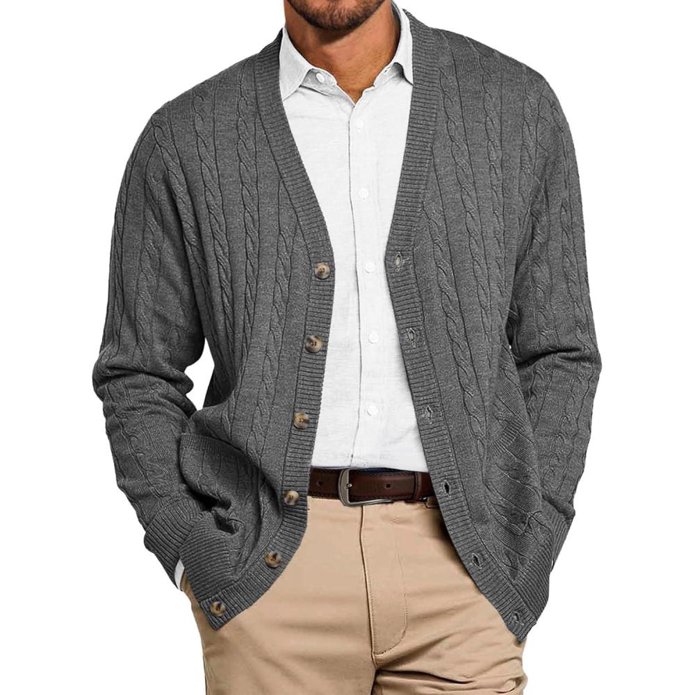imageRuncati Mens Cable Knit Cardigan Sweater V Neck Casual Button Down Sweaters Long Sleeve Fall Outwear with PocketsDark Grey